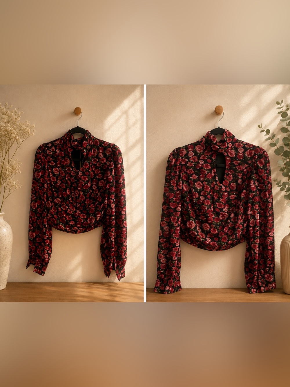 Floral Keyhole Long-Sleeve Crop Top - Black & Red